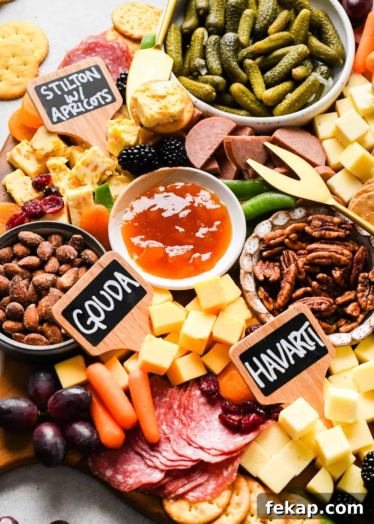 overhead photo of a charcuterie board with assortment of cubed cheeses with chalkboard labels reading Gouda, Havarti and Stilton with apricots), green olives, pub cheese spread, salami, summer sausage, pickles, nuts, dried and fresh fruits, crackers, and a bowl of apricot jam, all arranged on a round wooden serving board.