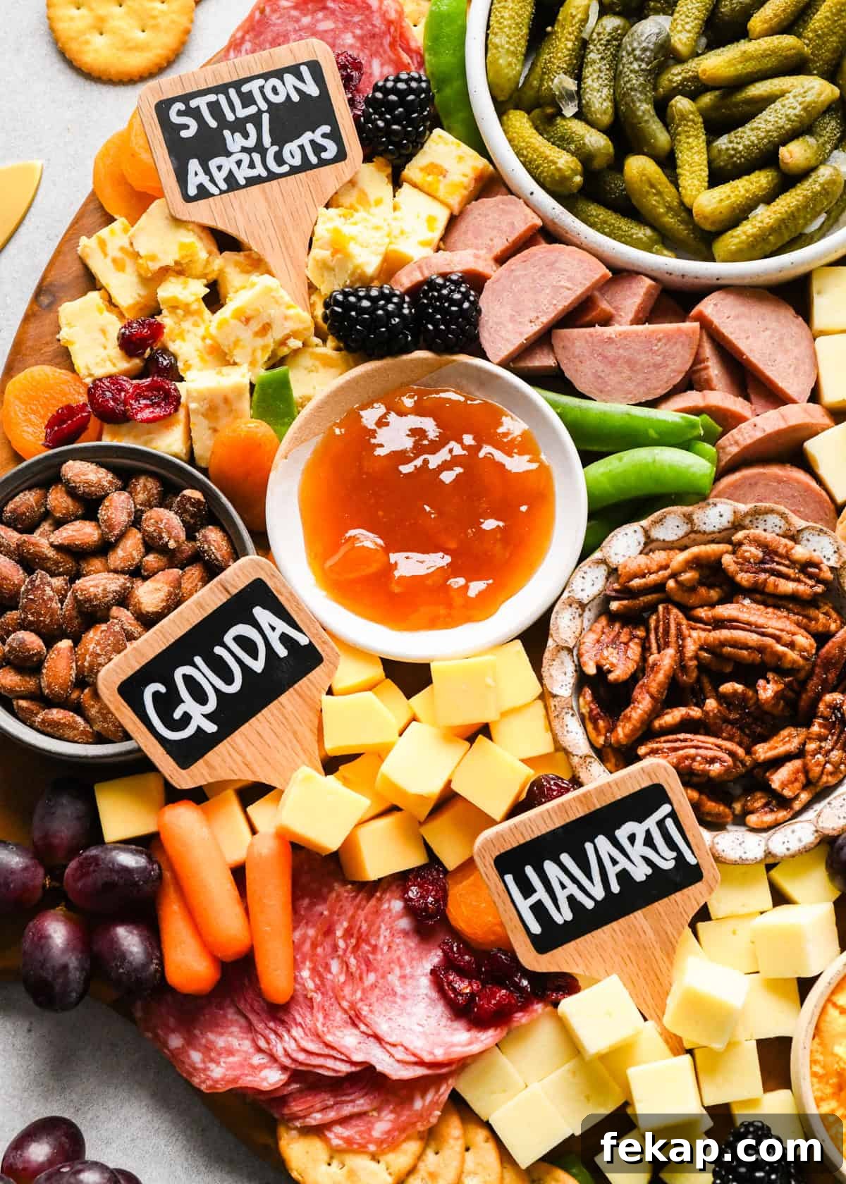 overhead photo of a charcuterie board with assortment of cubed cheeses with chalkboard labels reading Swiss, Gouda, Havarti and Stilton with apricots), green olives, pub cheese spread, salami, summer sausage, pickles, nuts, dried and fresh fruits, crackers, and a bowl of apricot jam, all arranged on a round wooden serving board.