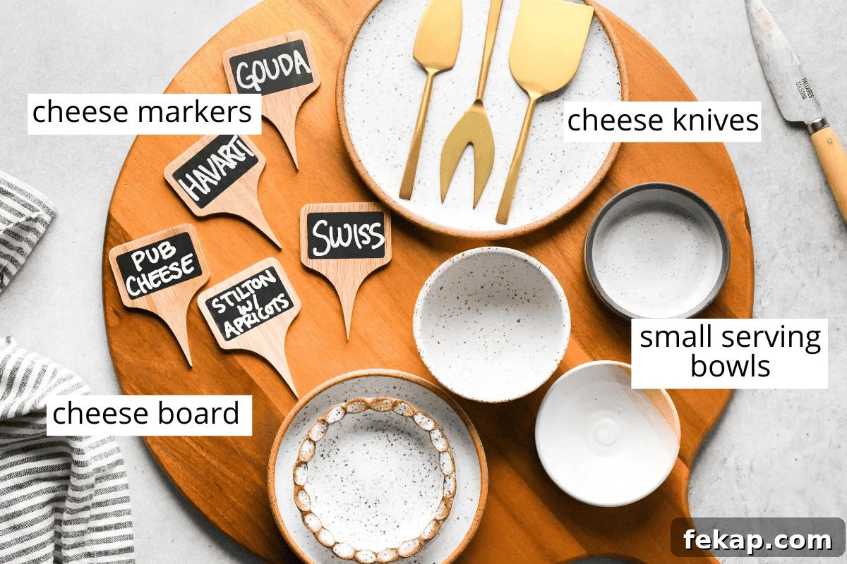 the labeled equipment needed to make this basic charcuterie board