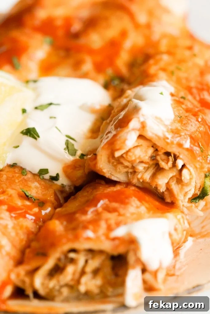 Cheesy Instant Pot Chicken Enchiladas Recipe 8 a chicken enchilada cut open and topped with sour cream