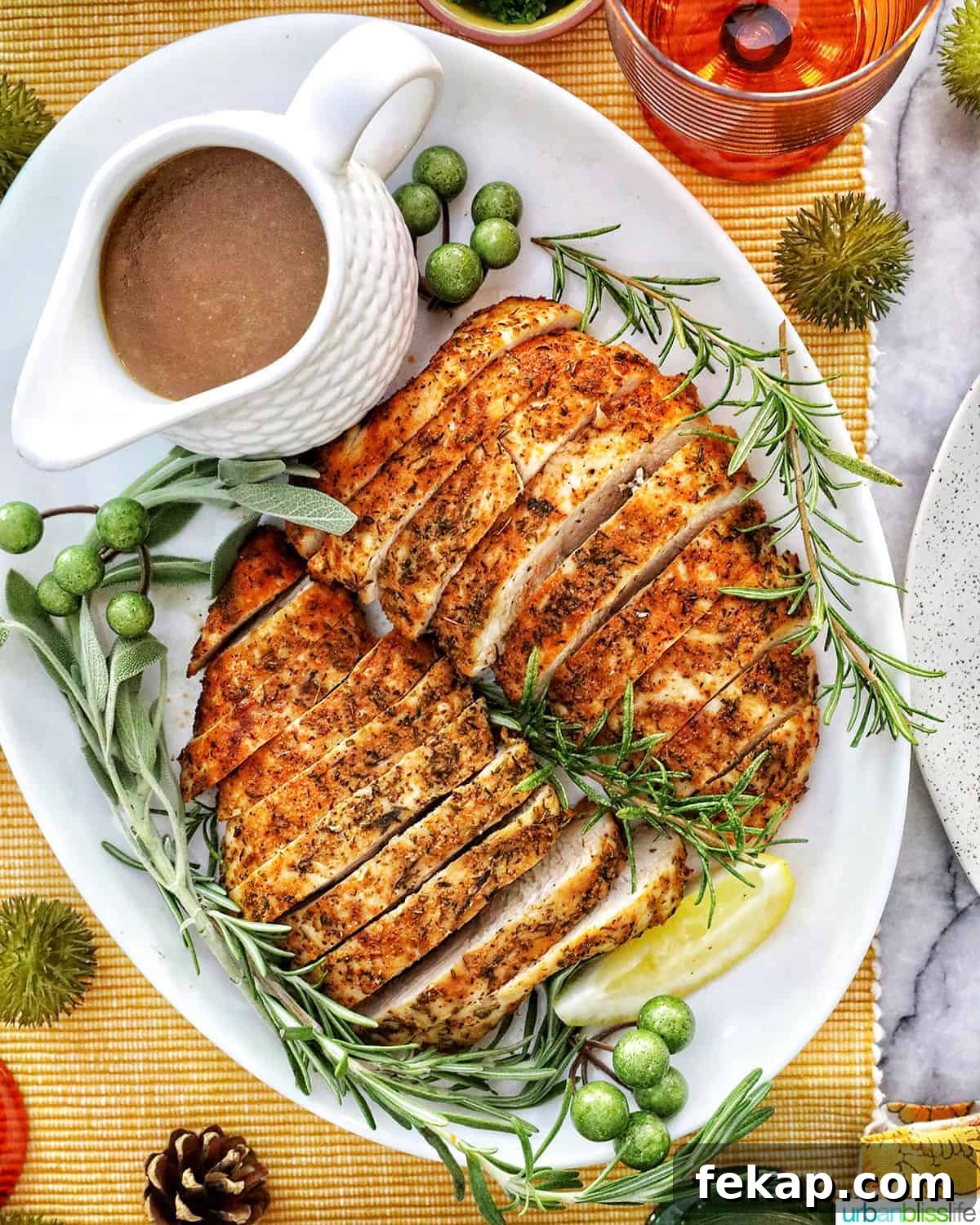 Air Fryer Turkey Tenderloin Recipe with Garlic Herb Rub 9 Plated sliced turkey with herbs, gravy, and wine