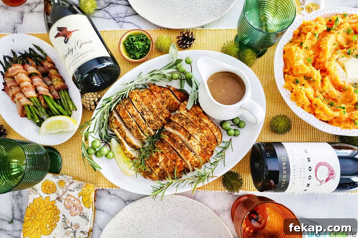 Air Fryer Turkey Tenderloin Recipe with Garlic Herb Rub 10 Thanksgiving table with sliced turkey tenderloin and side dishes