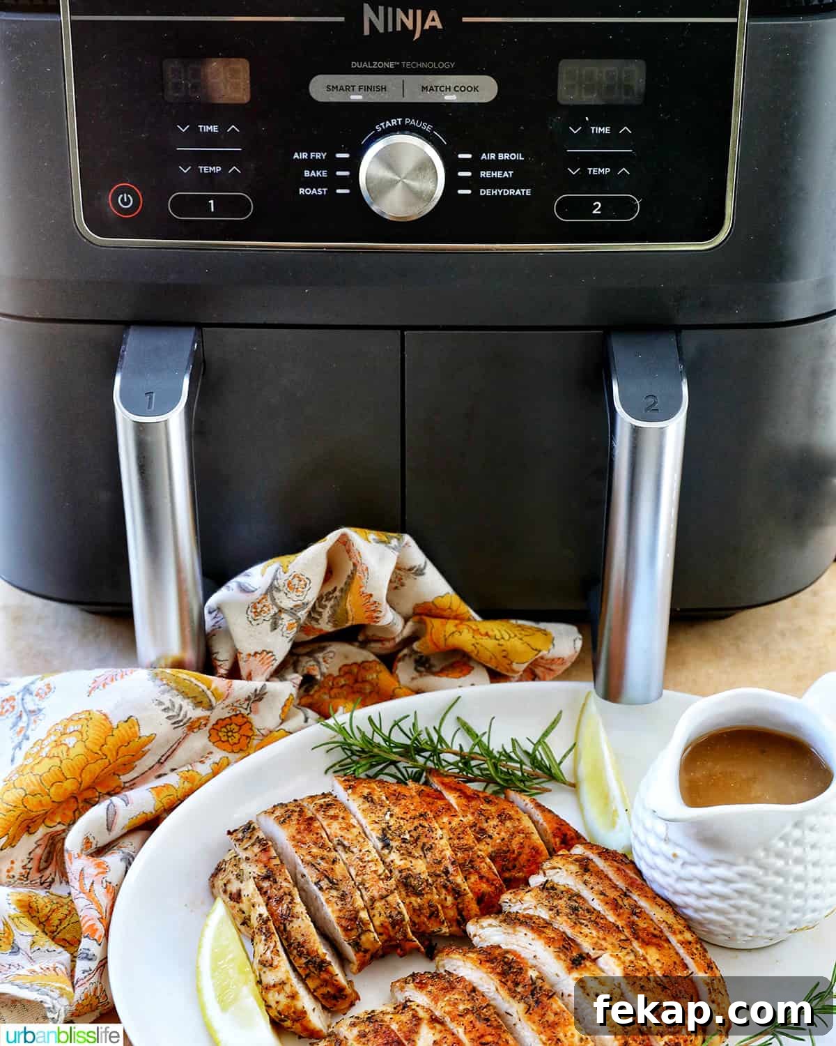 Air Fryer Turkey Tenderloin Recipe with Garlic Herb Rub 12 Air fryer with sliced turkey and gravy