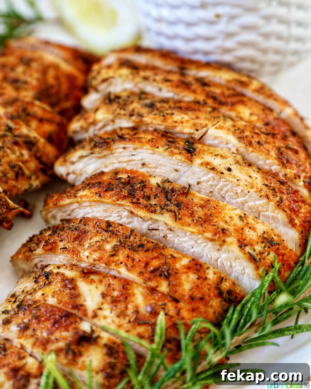 Air Fryer Turkey Tenderloin Recipe with Garlic Herb Rub 3 Two sliced turkey tenderloins on a plate with herbs and lemon