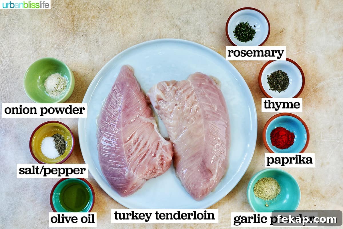 Air Fryer Turkey Tenderloin Recipe with Garlic Herb Rub 4 Bowls of spices and ingredients for air fryer turkey tenderloin
