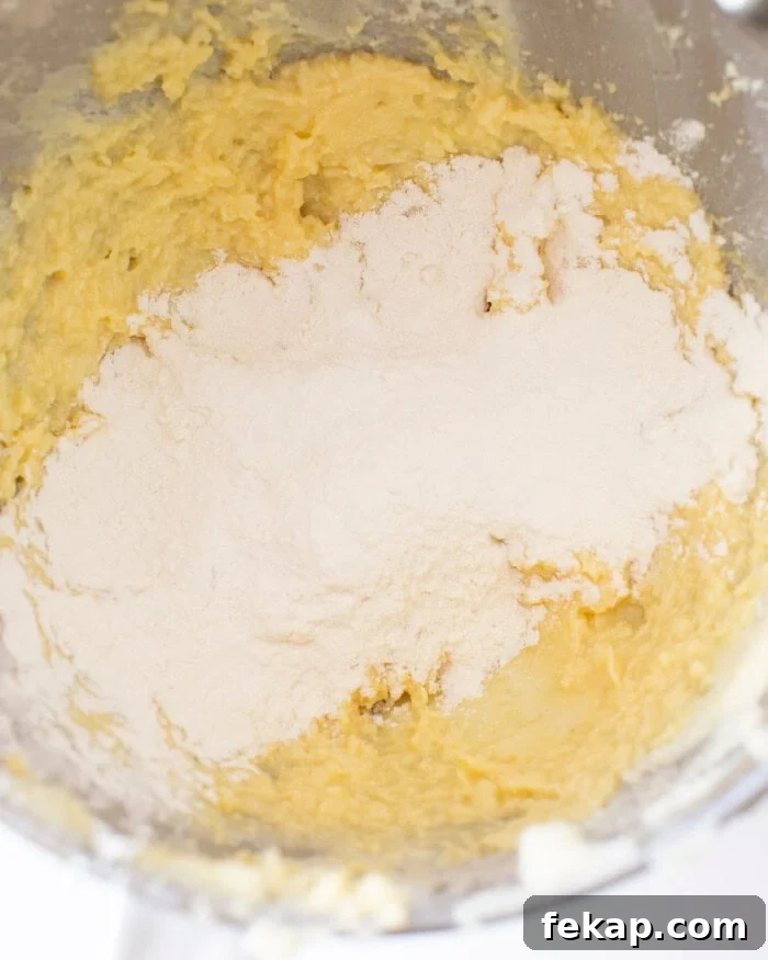 Cut Out Sugar Cookie Recipe for Perfect Shapes 13 Butter, sugar, and egg mixture with flour on top in a stand mixer bowl.
